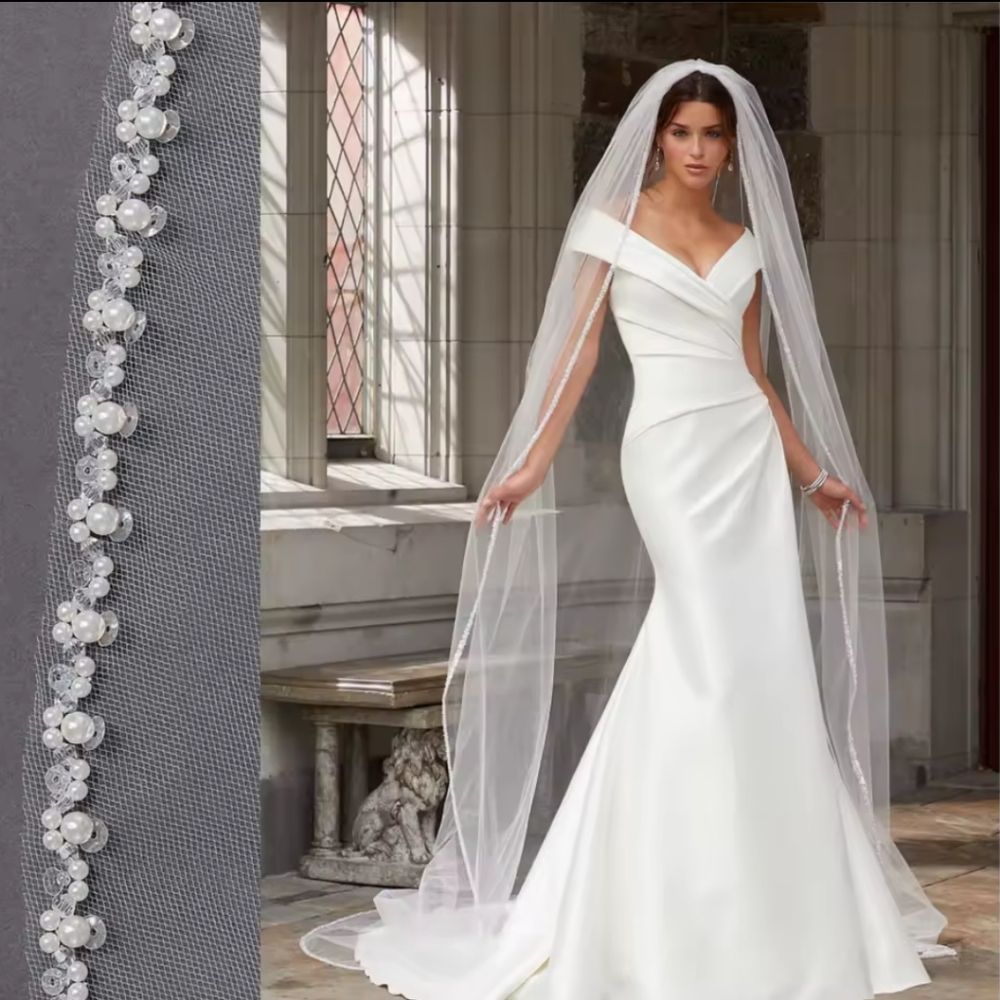 Bridal Cathedral Veil with Pearl Trim - White